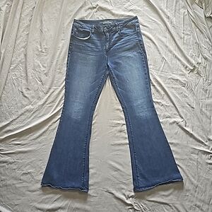 AEO Dark Blue Faded Stretch Hi-Rise Artist Flare Jeans sz 14 R